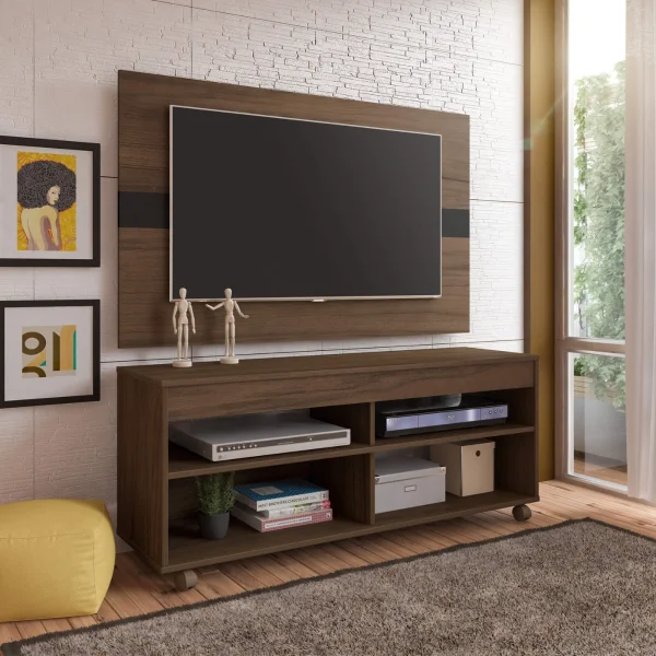 Rack com Painel Cross Para Tv 47" c/ Nichos e Prateleiras Amêndoa / Preto