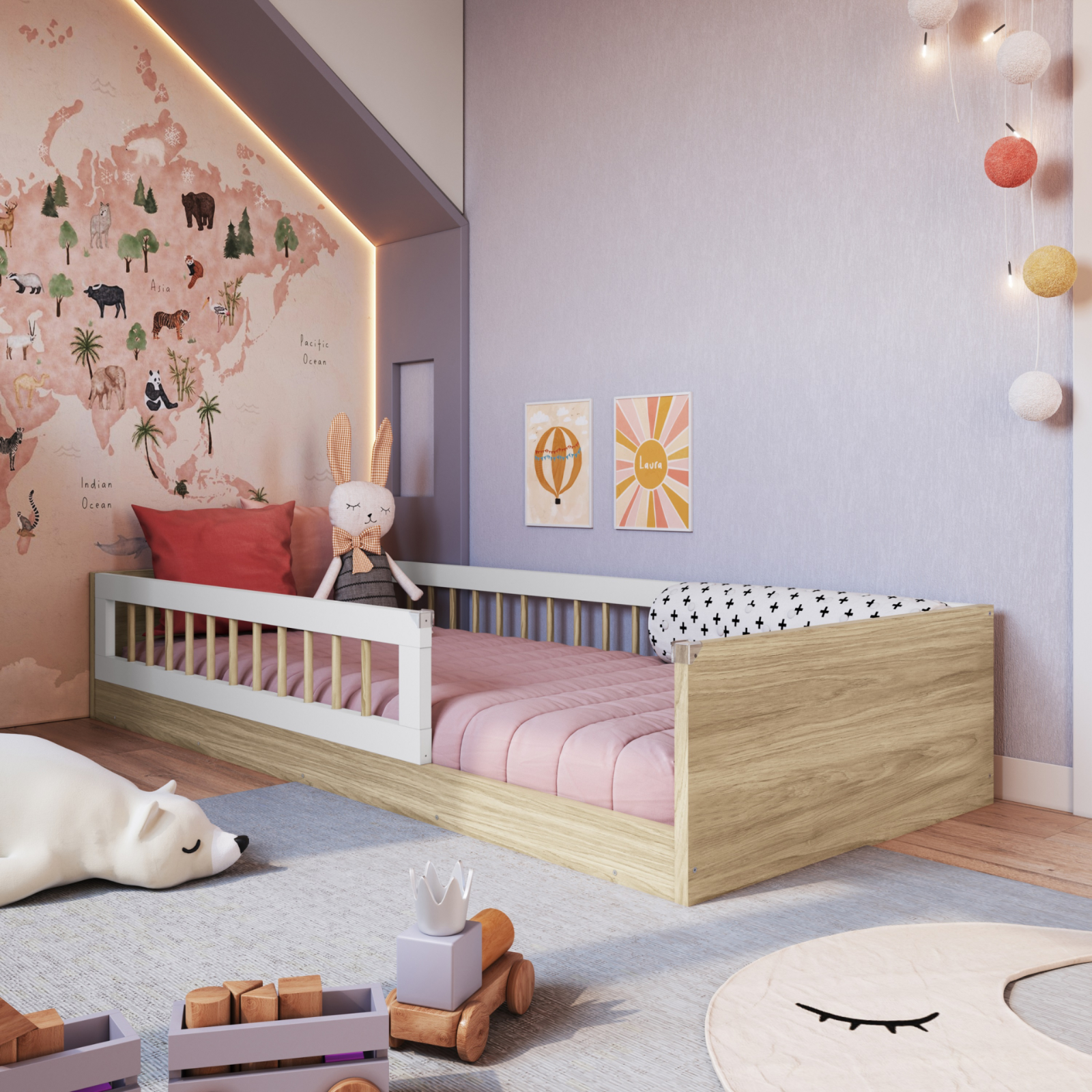 Cama infantil Montessoriana de Solteiro Linha Affetto cor Aveiro OAK com Branco