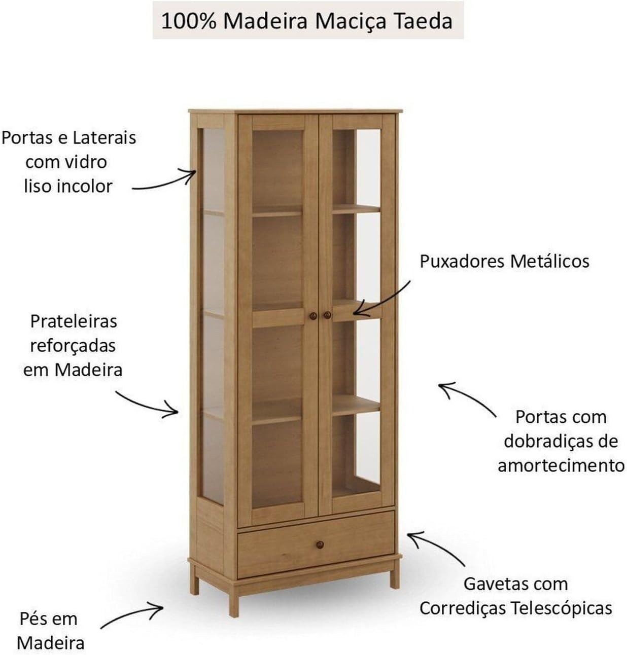 Cristaleira 2 Portas 1 Gaveta em Madeira Maciça Essência 