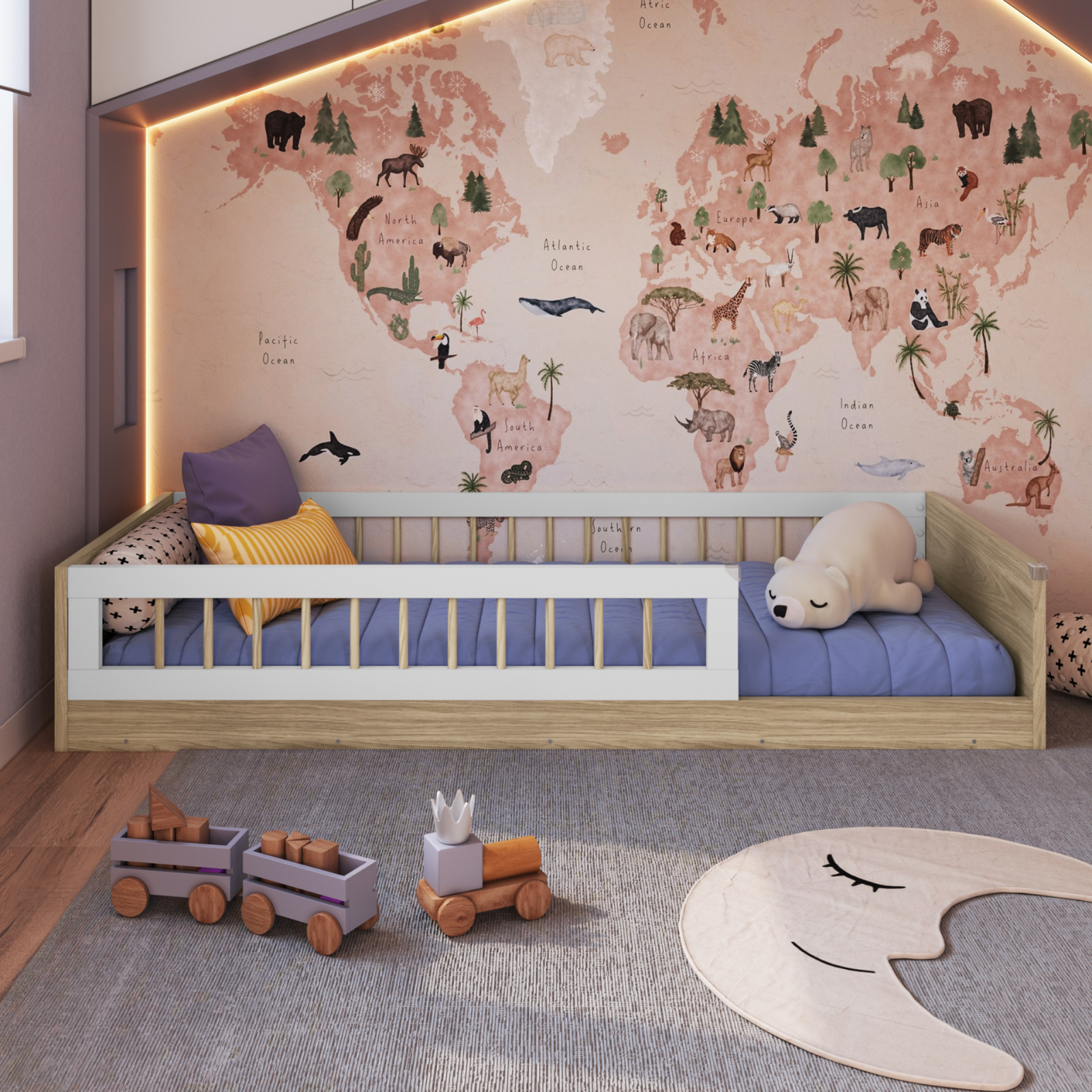 Cama infantil Montessoriana de Solteiro Linha Affetto cor Aveiro OAK com Branco