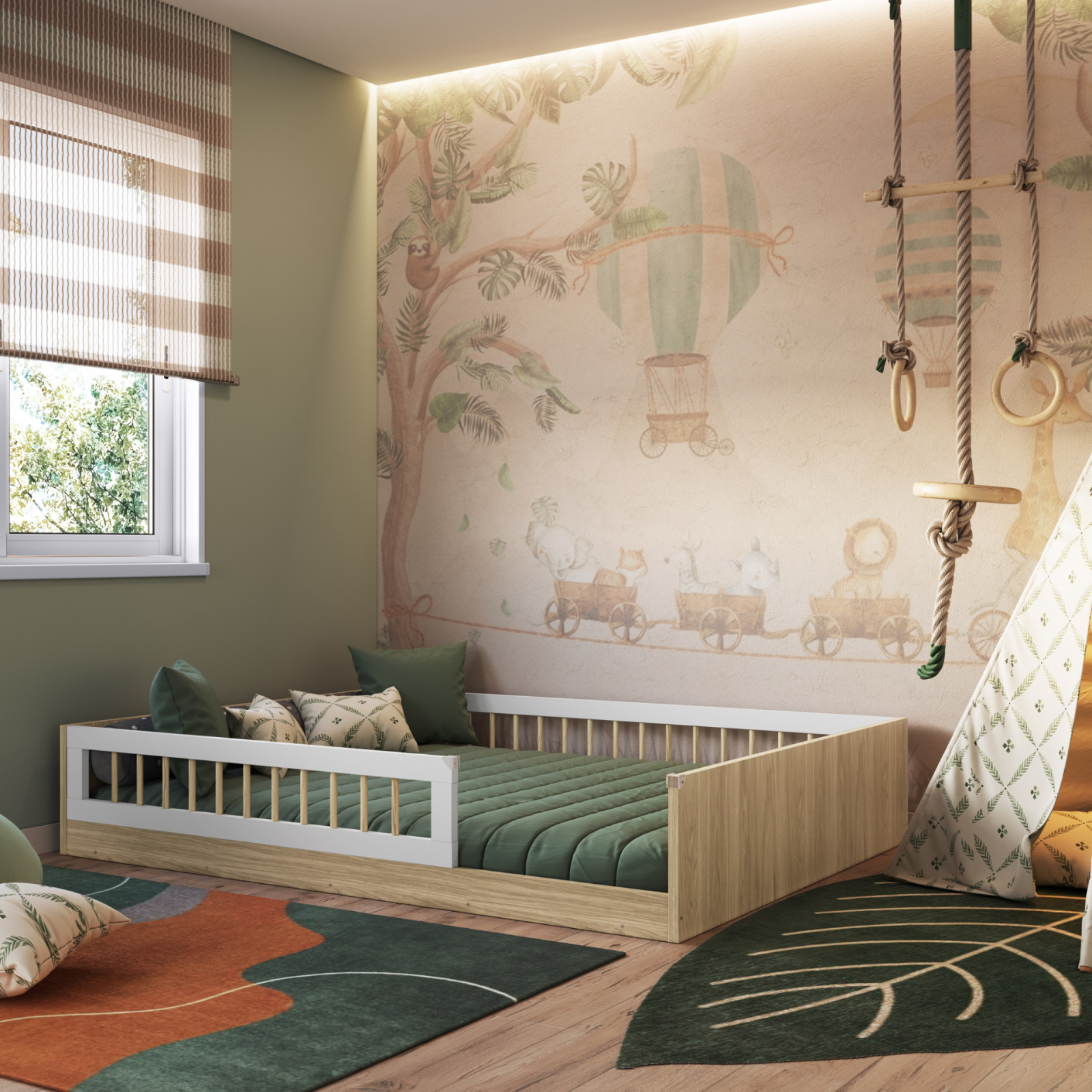 Cama infantil Montessoriana de Casal Linha Affetto cor Aveiro OAK com Branco